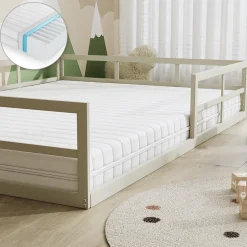 Bodenbett aus Metall Minno Greige 140x200 mit Matratze Vitalispa