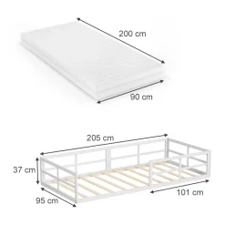 Bodenbett aus Metall Minno Weiß 90x200 mit Matratze Vitalispa