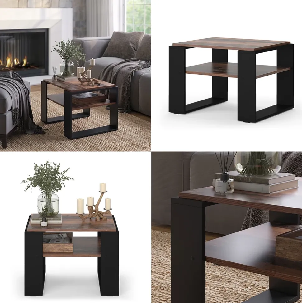 Couchtisch Helm Antikholz 65.6 x 55.8 cm mit Ablage Vicco