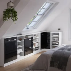 Dachschrägenschrank Eckschrank Rion Schwarz Hochglanz/Weiß 75.6 x 81.6 cm mit 1 Tür Vicco