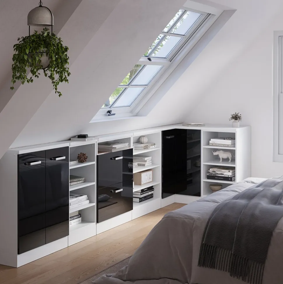 Dachschrägenschrank Eckschrank Rion Schwarz Hochglanz/Weiß 75.6 x 81.6 cm mit 1 Tür Vicco