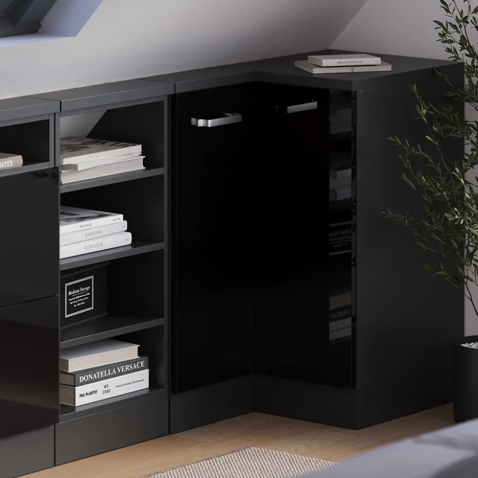 Dachschrägenschrank Eckschrank Rion Schwarz Hochglanz/Anthrazit 75.6 x 81.6 cm mit 1 Tür Vicco