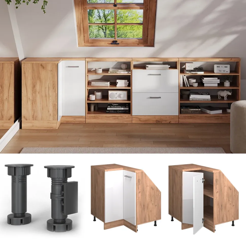 Dachschrägenschrank Eckschrank Rion Weiß Hochglanz/Goldkraft Eiche 75.6 x 81.6 cm mit 1 Tür Vicco