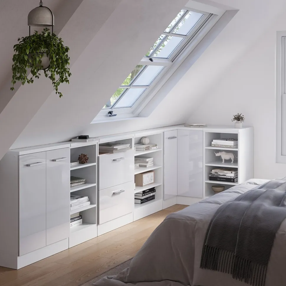 Dachschrägenschrank Eckschrank Rion Weiß Hochglanz/Weiß 75.6 x 81.6 cm mit 1 Tür Vicco