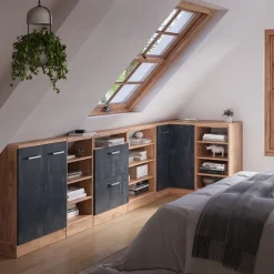 Dachschrägenschrank Eckschrank Rion Schwarz Beton/Goldkraft Eiche 75.6 x 81.6 cm mit 1 Tür Vicco