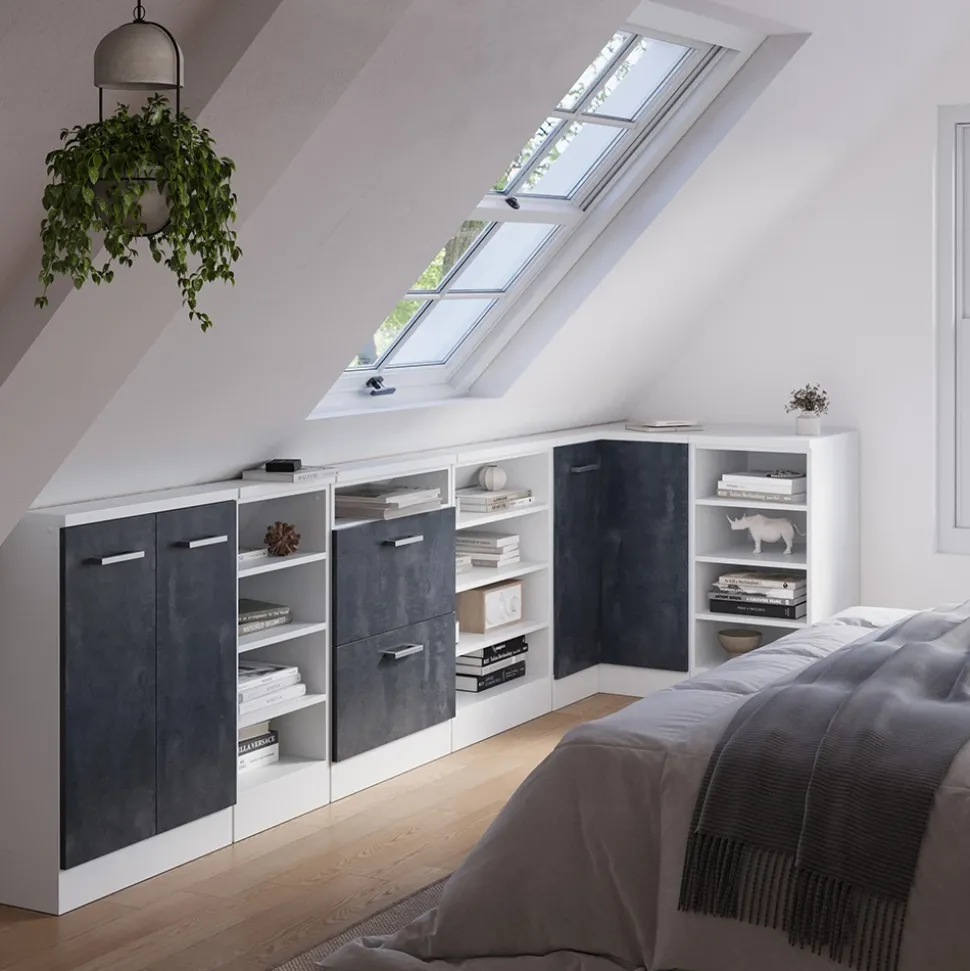 Dachschrägenschrank Eckschrank Rion Schwarz Beton/Weiß 75.6 x 81.6 cm mit 1 Tür Vicco