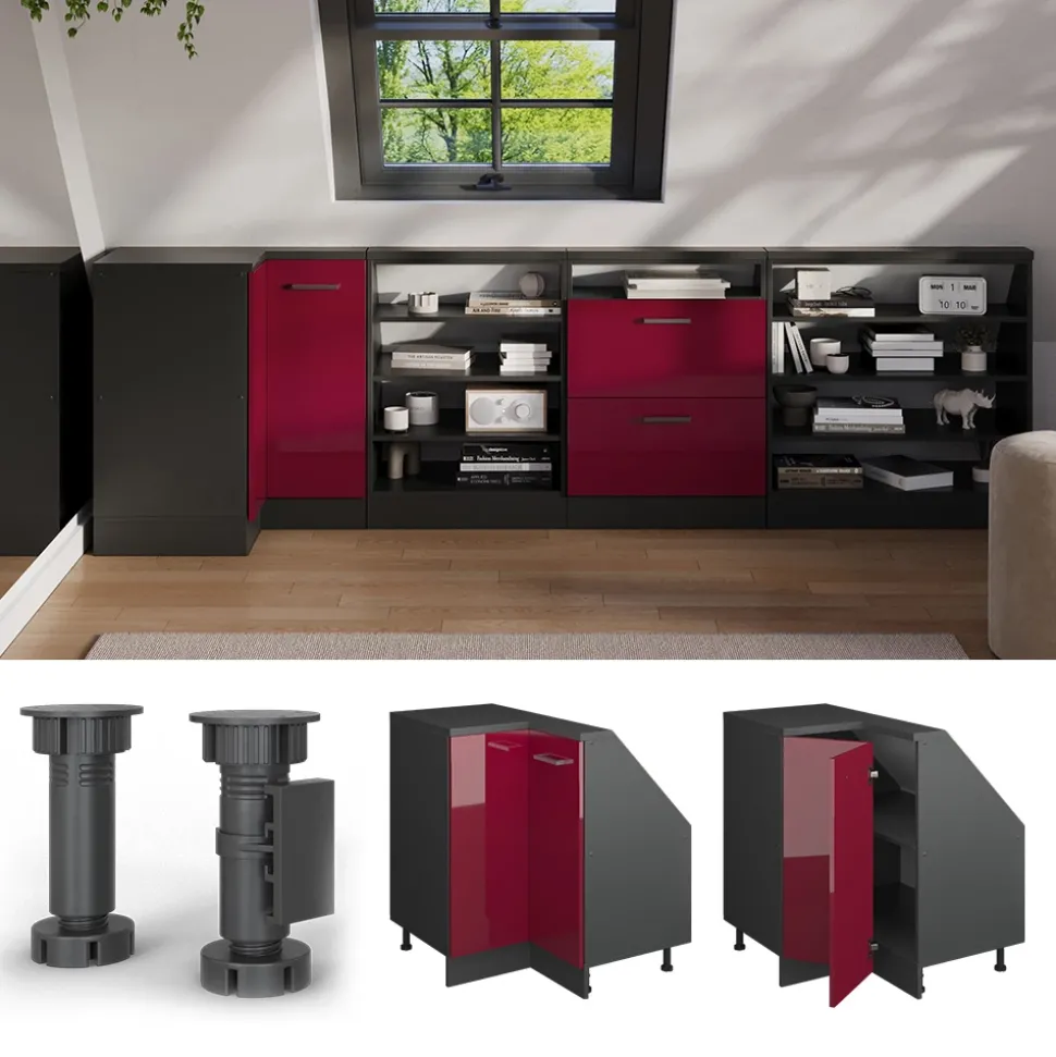 Dachschrägenschrank Eckschrank Rion Rot Hochglanz/Anthrazit 75.6 x 81.6 cm mit 1 Tür Vicco