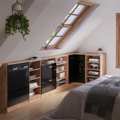 Dachschrägenschrank Eckschrank Rion Schwarz Hochglanz/Goldkraft Eiche 75.6 x 81.6 cm mit 1 Tür Vicco