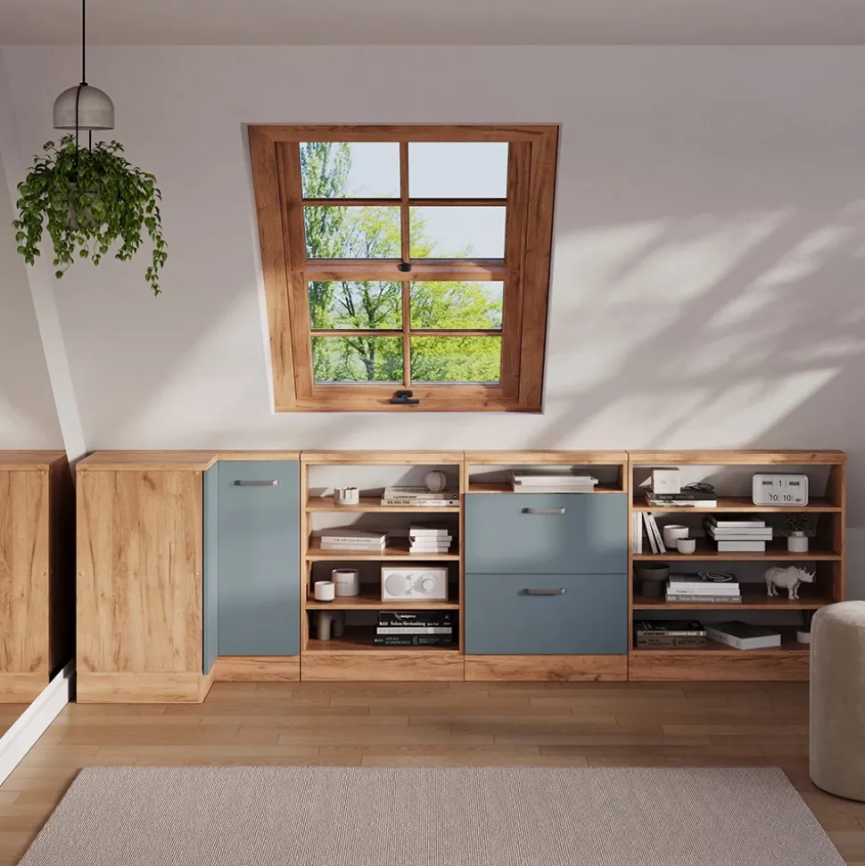 Dachschrägenschrank Eckschrank Rion Blau-Grau/Goldkraft Eiche 75.6 x 81.6 cm mit 1 Tür Vicco