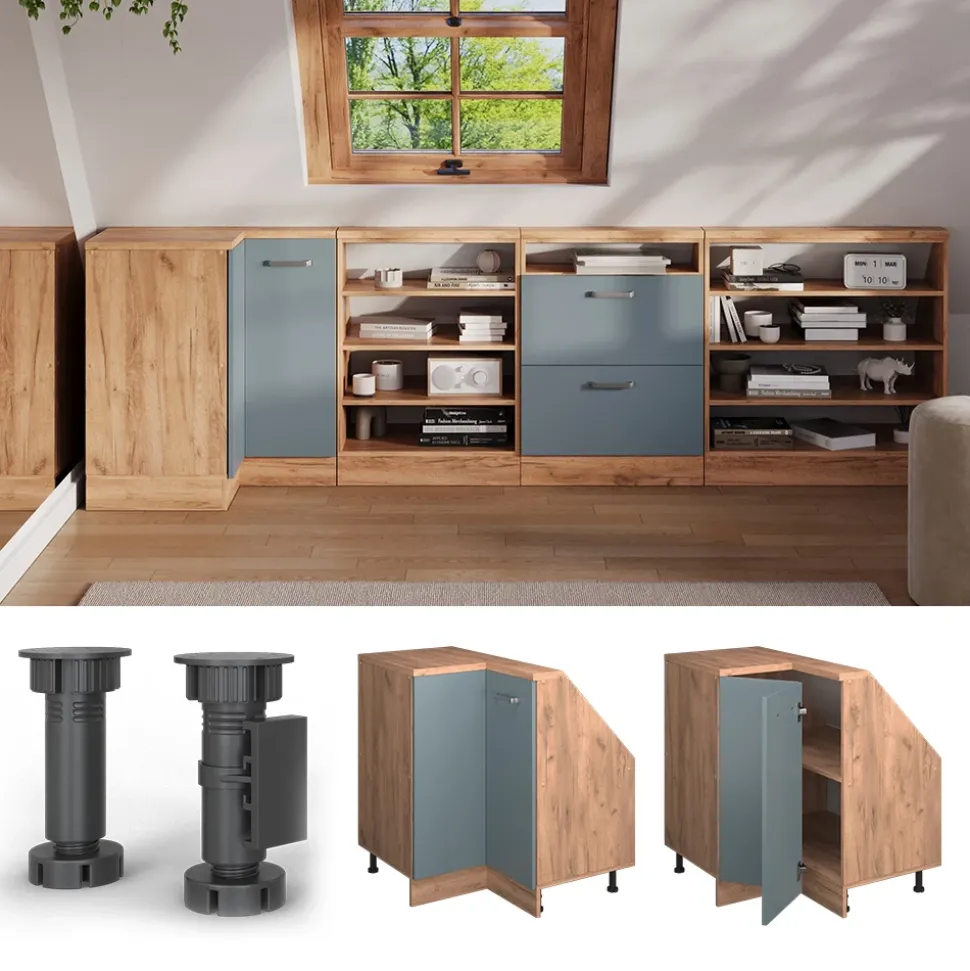 Dachschrägenschrank Eckschrank Rion Blau-Grau/Goldkraft Eiche 75.6 x 81.6 cm mit 1 Tür Vicco