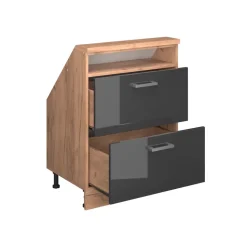 Dachschrägenschrank Rion Anthrazit Hochglanz/Goldkraft Eiche mit 2 Schubladen Vicco