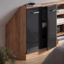 Dachschrägenschrank Rion Anthrazit Hochglanz/Goldkraft Eiche mit 2 Türen Vicco