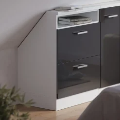 Dachschrägenschrank Rion Anthrazit Hochglanz/Weiß mit 2 Schubladen Vicco