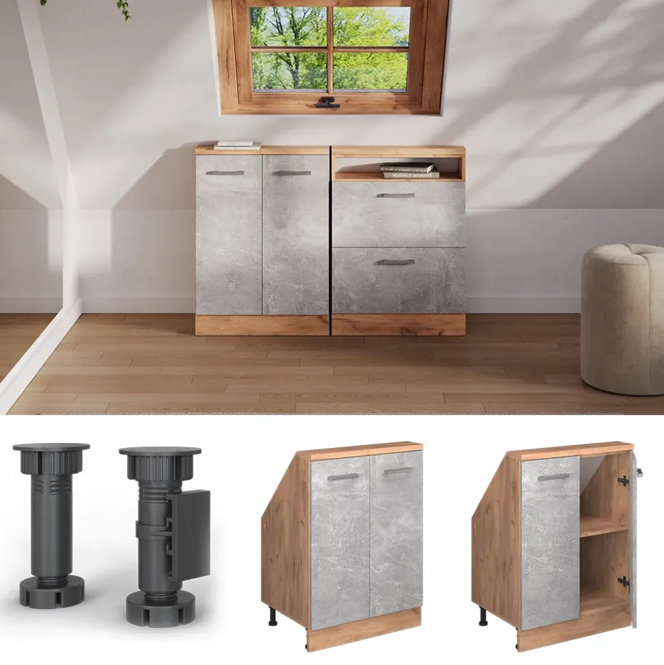 Dachschrägenschrank Rion Beton/Goldkraft Eiche mit 2 Türen Vicco