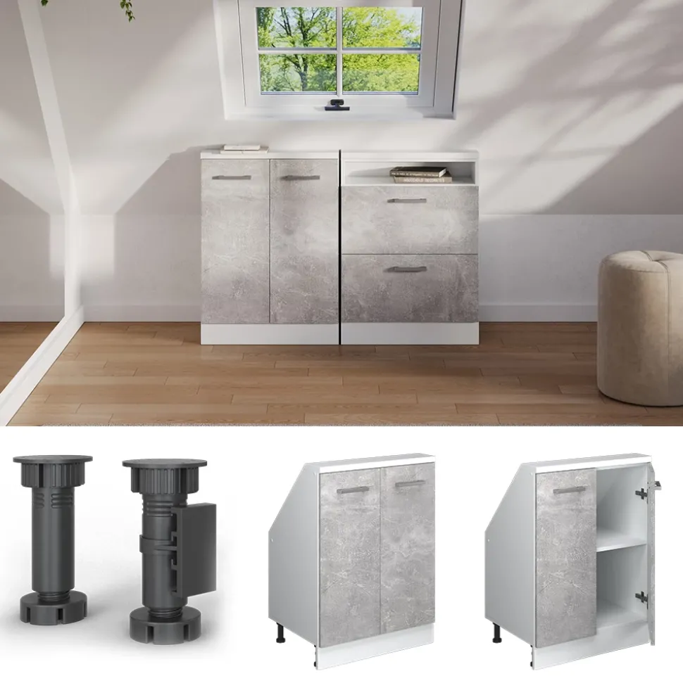 Dachschrägenschrank Rion Beton/Weiß mit 2 Türen Vicco