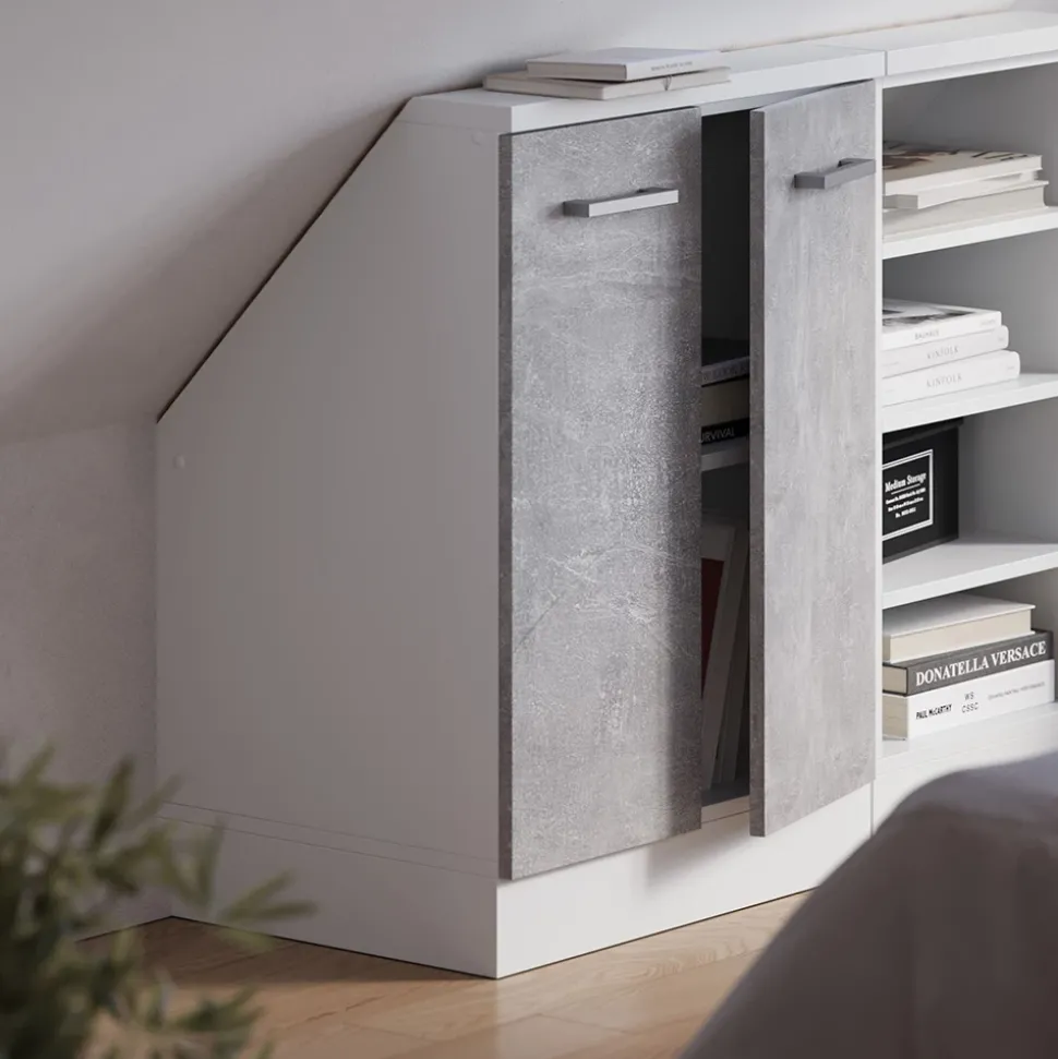 Dachschrägenschrank Rion Beton/Weiß mit 2 Türen Vicco