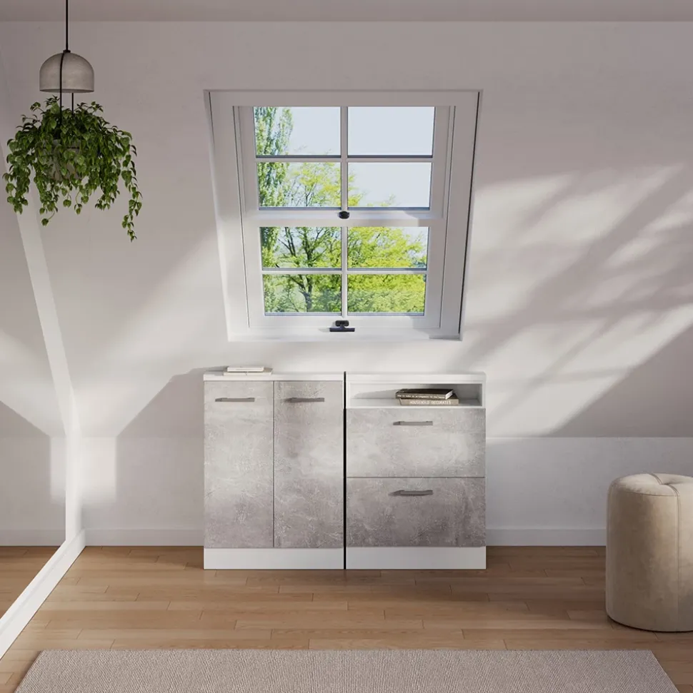 Dachschrägenschrank Rion Beton/Weiß mit 2 Türen Vicco