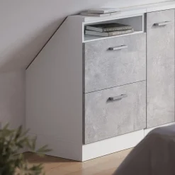 Dachschrägenschrank Rion Beton/Weiß mit 2 Schubladen Vicco