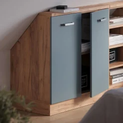 Dachschrägenschrank Rion Blau-Grau/Goldkraft Eiche mit 2 Türen Vicco