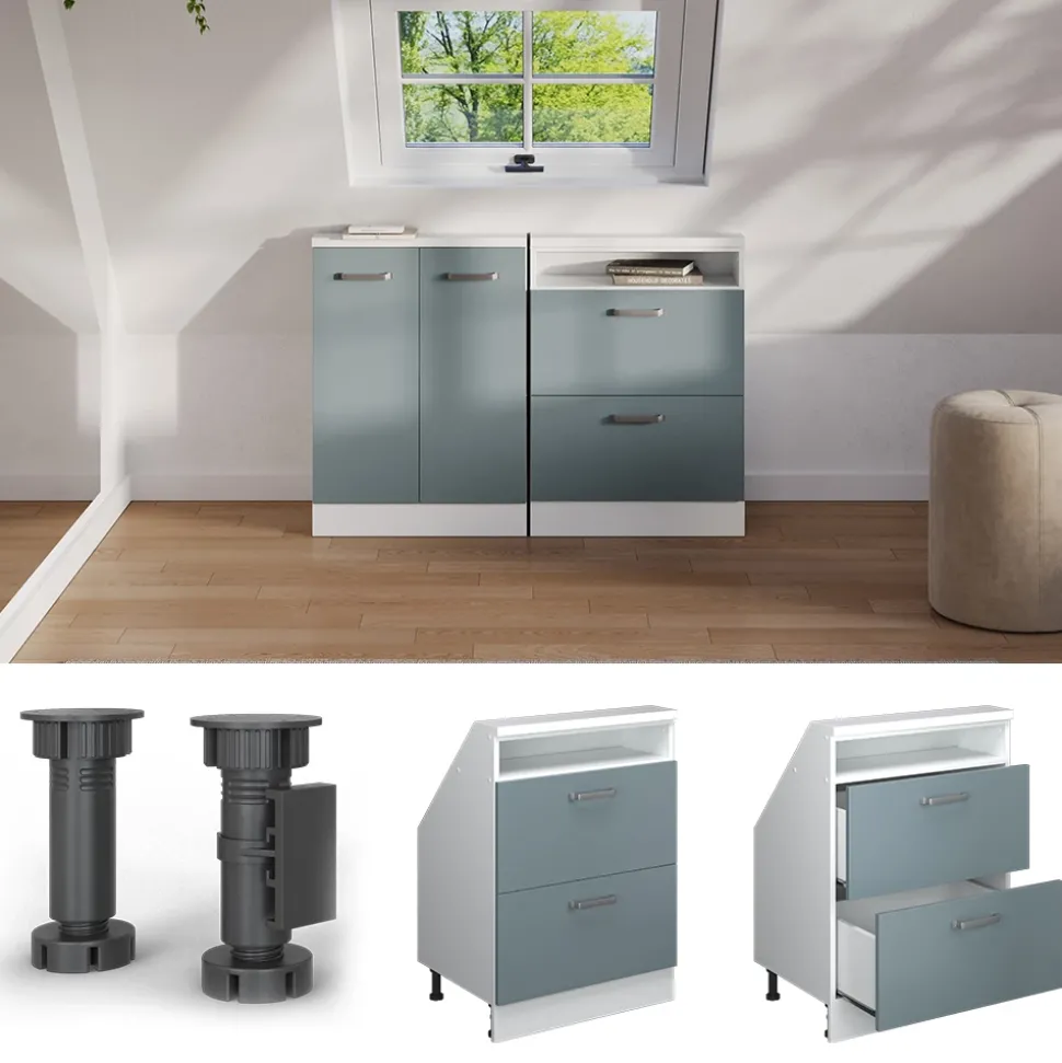 Dachschrägenschrank Rion Blau-Grau/Weiß mit 2 Schubladen Vicco