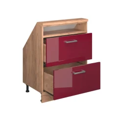 Dachschrägenschrank Rion Rot Hochglanz/Goldkraft Eiche mit 2 Schubladen Vicco