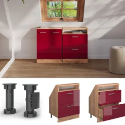 Dachschrägenschrank Rion Rot Hochglanz/Goldkraft Eiche mit 2 Schubladen Vicco