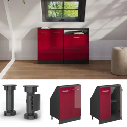 Dachschrägenschrank Rion Rot Hochglanz/Anthrazit mit 2 Türen Vicco