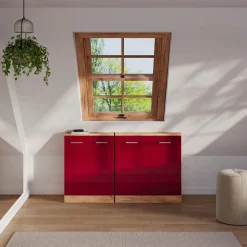 Dachschrägenschrank Rion Rot Hochglanz/Goldkraft Eiche mit 2 Türen Vicco