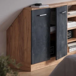 Dachschrägenschrank Rion Schwarz Beton/Goldkraft Eiche mit 2 Türen Vicco