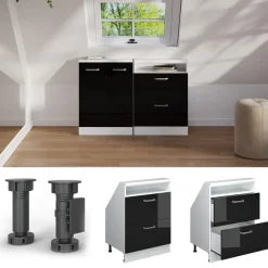 Dachschrägenschrank Rion Schwarz Hochglanz/Weiß mit 2 Schubladen Vicco