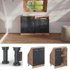 Dachschrägenschrank Rion Schwarz Beton/Goldkraft Eiche mit 2 Türen Vicco