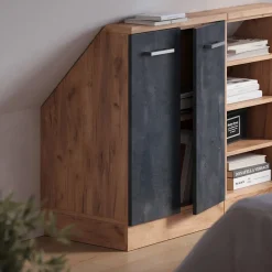 Dachschrägenschrank Rion Schwarz Beton/Goldkraft Eiche mit 2 Türen Vicco