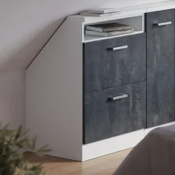 Dachschrägenschrank Rion Schwarz Beton/Weiß mit 2 Schubladen Vicco