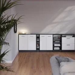 Dachschrägenschrank Rion Weiß Hochglanz/Anthrazit mit 2 Schubladen Vicco