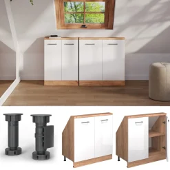 Dachschrägenschrank Rion Weiß Hochglanz/Goldkraft Eiche mit 2 Türen Vicco