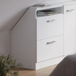 Dachschrägenschrank Rion Weiß Hochglanz/Weiß mit 2 Schubladen Vicco