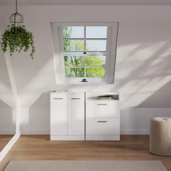 Dachschrägenschrank Rion Weiß Hochglanz/Weiß mit 2 Schubladen Vicco