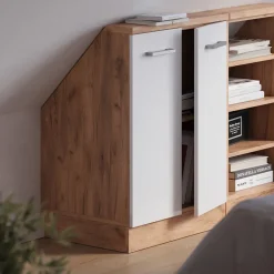 Dachschrägenschrank Rion Weiß Hochglanz/Goldkraft Eiche mit 2 Türen Vicco