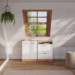 Dachschrägenschrank-Set Rion Weiß Hochglanz/Goldkraft Eiche 2er Set Vicco