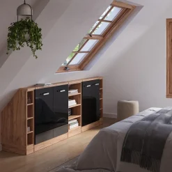 Dachschrägenschrank-Set Rion Schwarz Hochglanz/Goldkraft Eiche 5er Set Vicco