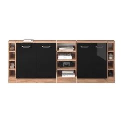 Dachschrägenschrank-Set Rion Schwarz Hochglanz/Goldkraft Eiche 5er Set Vicco