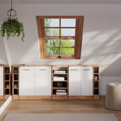 Dachschrägenschrank-Set Rion Weiß Hochglanz/Goldkraft Eiche 5er Set Vicco