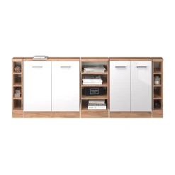 Dachschrägenschrank-Set Rion Weiß Hochglanz/Goldkraft Eiche 5er Set Vicco