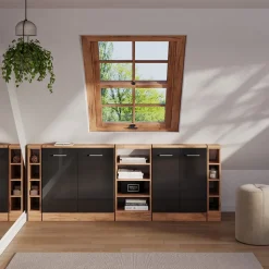 Dachschrägenschrank-Set Rion Anthrazit Hochglanz/Goldkraft Eiche 5er Set Vicco