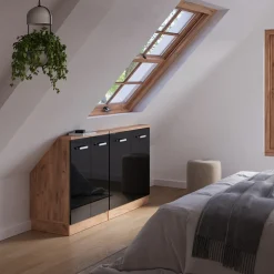 Dachschrägenschrank-Set Rion Schwarz Hochglanz/Goldkraft Eiche 2er Set Vicco