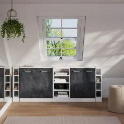 Dachschrägenschrank-Set Rion Schwarz Beton/Weiß 5er Set Vicco