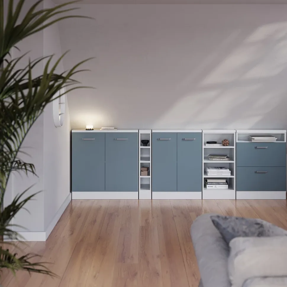 Dachschrägenschrank-Set Rion Blau-Grau/Goldkraft Eiche 2er Set Vicco