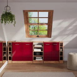 Dachschrägenschrank-Set Rion Rot Hochglanz/Goldkraft Eiche 5er Set Vicco