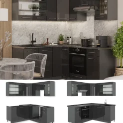 Eckküche Fame-Line Anthrazit Hochglanz 190 x 46 cm ohne Arbeitsplatte Vicco