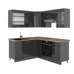 Eckküche Fame-Line Anthrazit Hochglanz 190 x 60 cm , AP Eiche Vicco